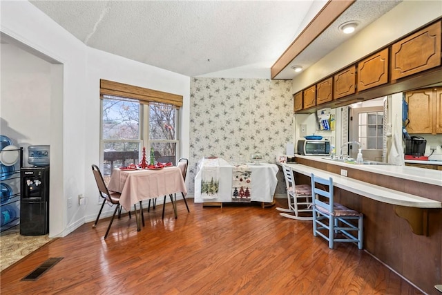 kitchen featuring a textured ceiling, dark wood-type flooring, and sink