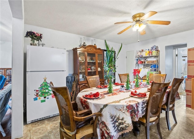 dining room with ceiling fan and a textured ceiling