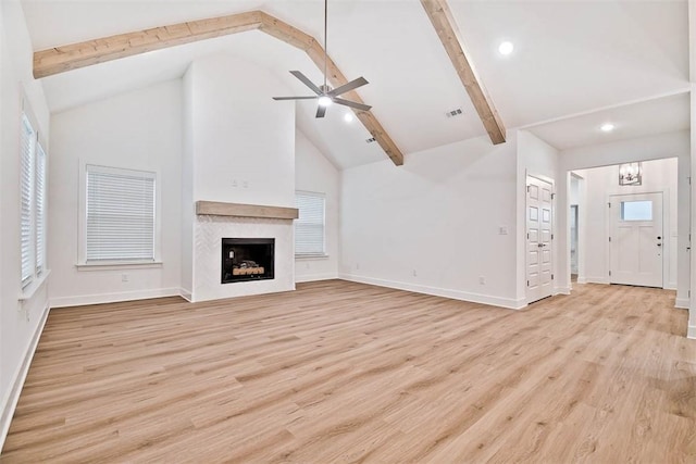 unfurnished living room with ceiling fan, high vaulted ceiling, beam ceiling, and light hardwood / wood-style floors