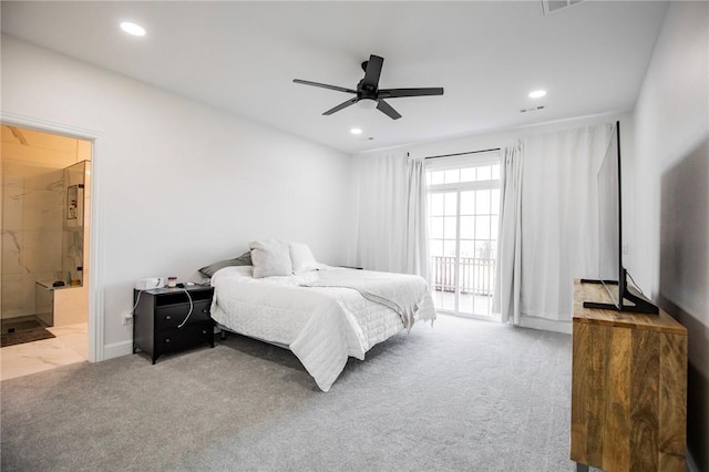 bedroom featuring ceiling fan, access to outside, light carpet, and connected bathroom