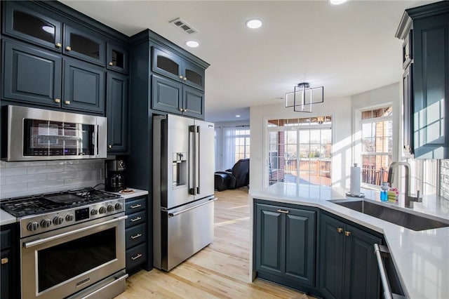 kitchen with appliances with stainless steel finishes, backsplash, sink, pendant lighting, and light hardwood / wood-style flooring