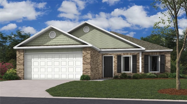 view of front of home featuring a front yard and a garage