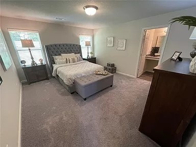 carpeted bedroom with connected bathroom and multiple windows