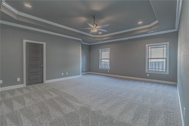 carpeted spare room featuring a raised ceiling, crown molding, and plenty of natural light