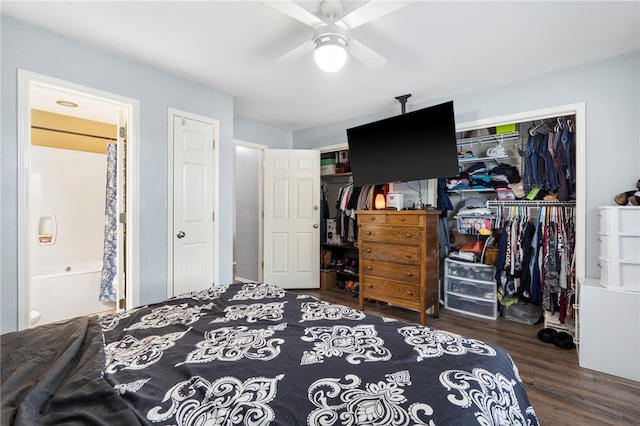 bedroom with ceiling fan and dark hardwood / wood-style flooring