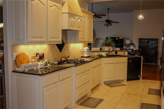 kitchen with ceiling fan, hanging light fixtures, stainless steel gas cooktop, black dishwasher, and light tile patterned floors