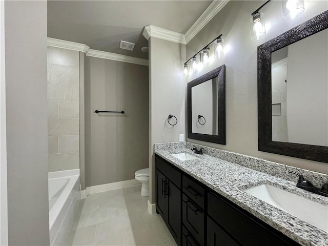 full bathroom with tub / shower combination, ornamental molding, vanity, tile patterned flooring, and toilet