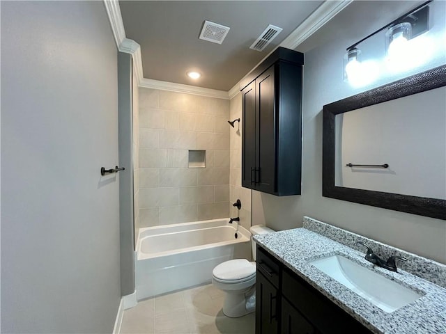 full bathroom with tiled shower / bath combo, tile patterned floors, crown molding, toilet, and vanity