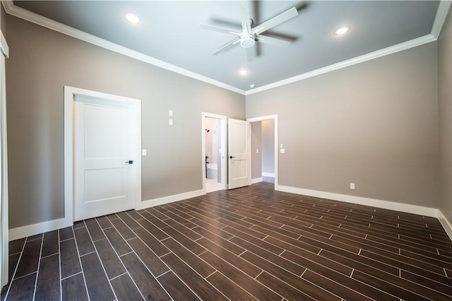 unfurnished bedroom featuring ceiling fan and ornamental molding