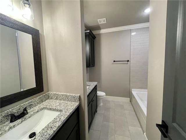 bathroom with crown molding, tile patterned flooring, vanity, and toilet