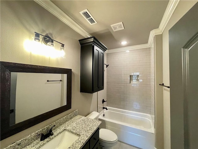 full bathroom with crown molding, toilet, vanity, and tiled shower / bath