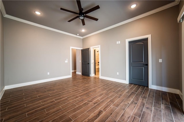 unfurnished bedroom featuring ceiling fan and ornamental molding