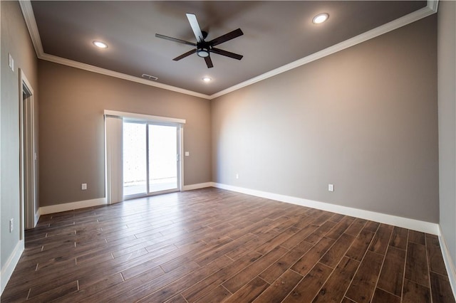 empty room with ceiling fan, crown molding, and dark wood-type flooring