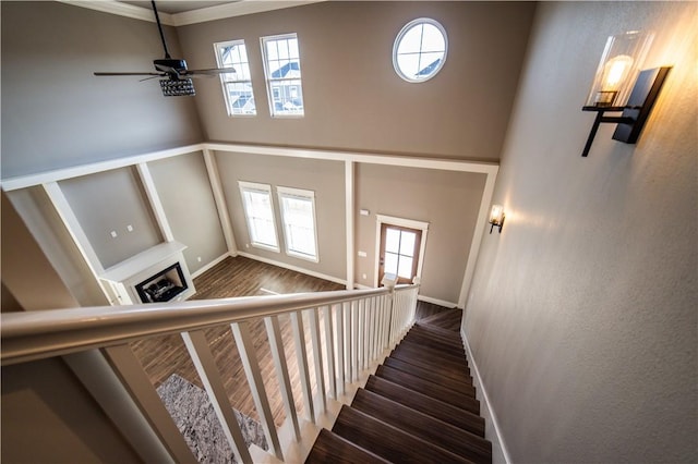 stairway with hardwood / wood-style flooring, ceiling fan, and crown molding