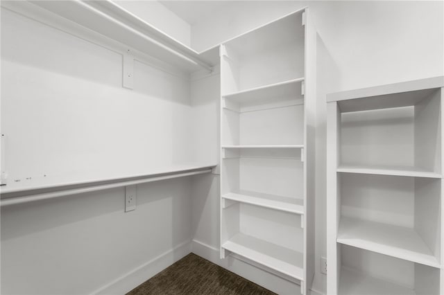 spacious closet featuring dark carpet