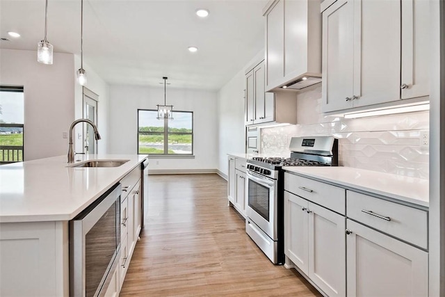 kitchen with pendant lighting, stainless steel appliances, light hardwood / wood-style floors, and sink