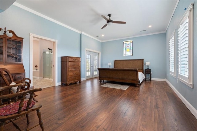 bedroom featuring french doors, ensuite bath, ornamental molding, ceiling fan, and dark hardwood / wood-style floors