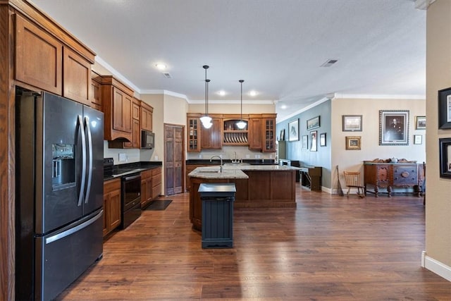 1395 County Road 403, Berryville, AR 72616 - kitchen featuring black appliances, an island with sink, dark wood finished floors, ornamental molding, and glass insert cabinets