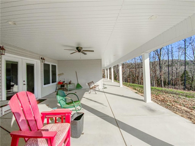 view of patio / terrace with ceiling fan and french doors