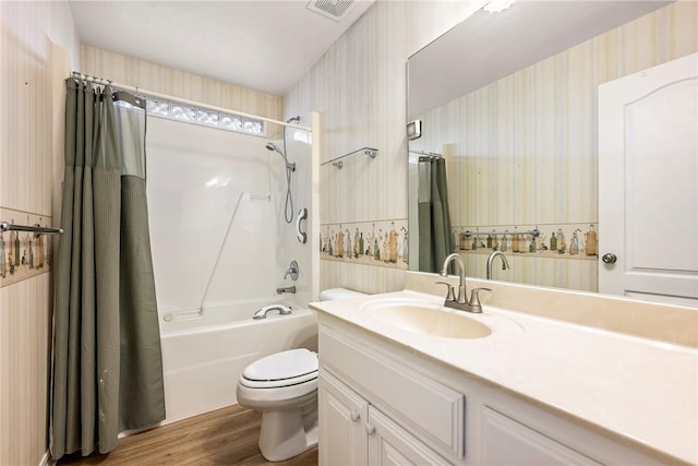 3 Barrhead Ln, Bella Vista, AR 72715 - full bathroom with shower / bath combo with shower curtain, wallpapered walls, toilet, vanity, and wood finished floors
