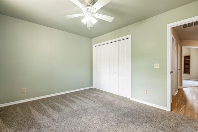 3 Barrhead Ln, Bella Vista, AR 72715 - unfurnished bedroom with a closet, carpet, visible vents, a ceiling fan, and baseboards