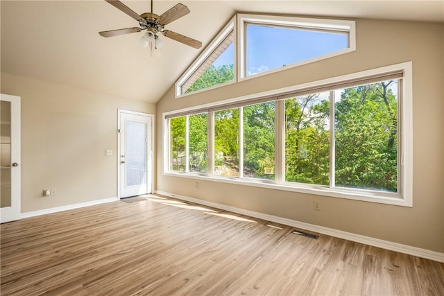 3 Barrhead Ln, Bella Vista, AR 72715 - spare room featuring high vaulted ceiling, baseboards, a ceiling fan, and wood finished floors