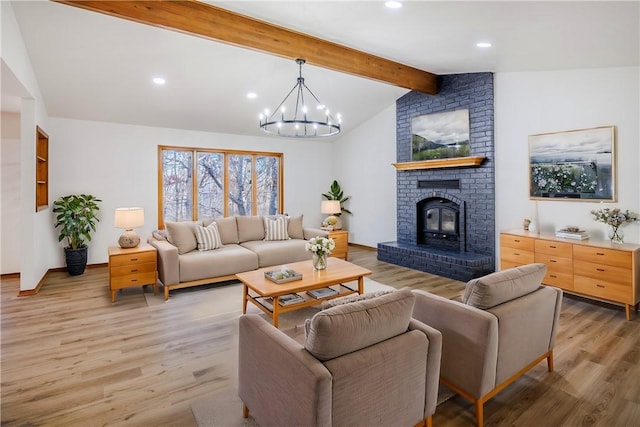 living room with a chandelier, wood-type flooring, and lofted ceiling with beams