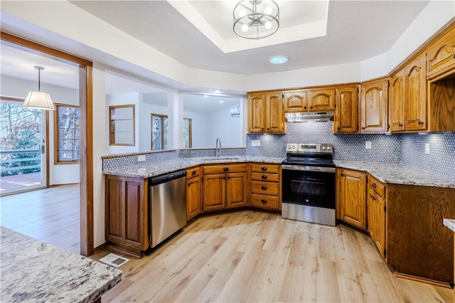 kitchen featuring backsplash, sink, appliances with stainless steel finishes, decorative light fixtures, and light hardwood / wood-style floors