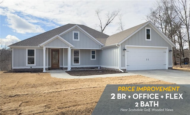 view of front of house featuring a garage, driveway, a shingled roof, and board and batten siding