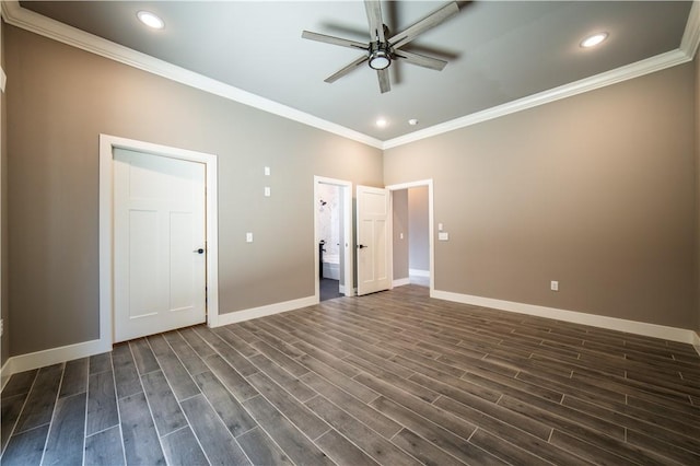 unfurnished bedroom featuring ceiling fan, dark hardwood / wood-style flooring, and crown molding