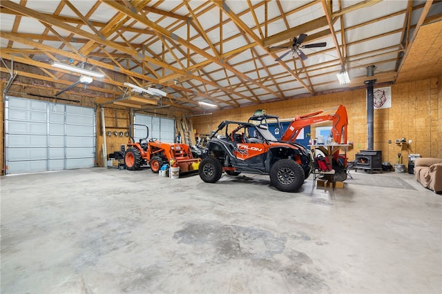 garage with a wood stove