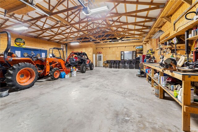 garage with a workshop area