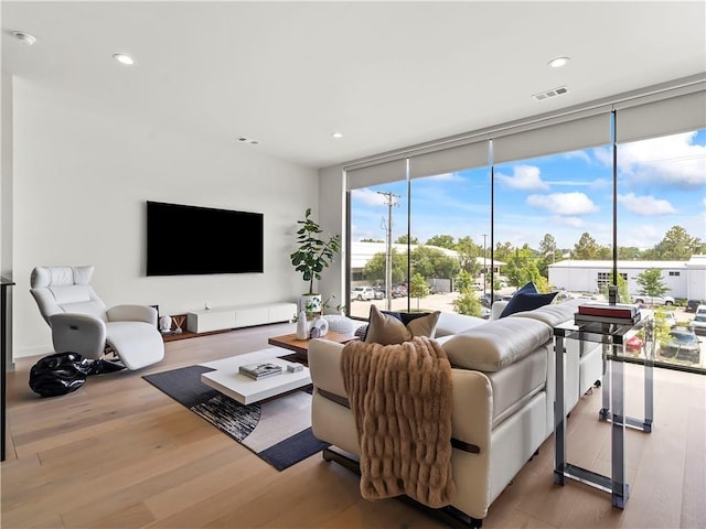 living room featuring hardwood / wood-style flooring, a wall of windows, and a healthy amount of sunlight