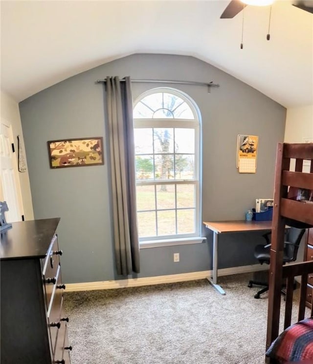 carpeted bedroom featuring ceiling fan and lofted ceiling