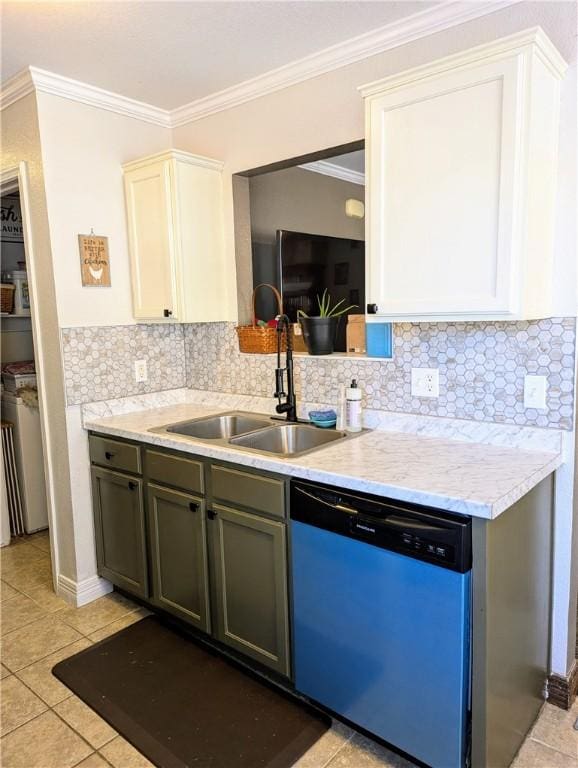 kitchen featuring dishwasher, white cabinetry, light tile patterned floors, and sink