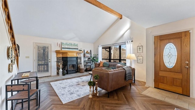 foyer entrance featuring vaulted ceiling with beams