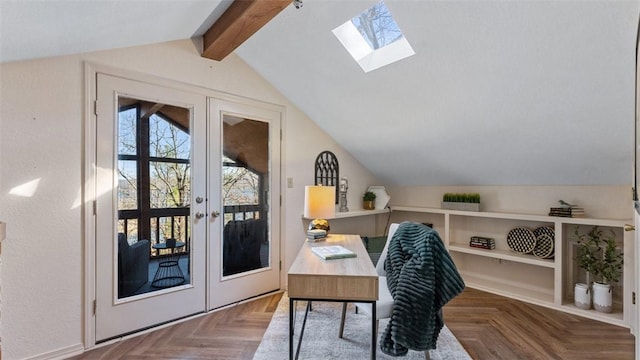 office space with vaulted ceiling with skylight and french doors