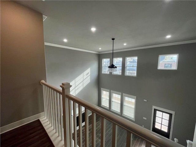 corridor featuring wood-type flooring and crown molding