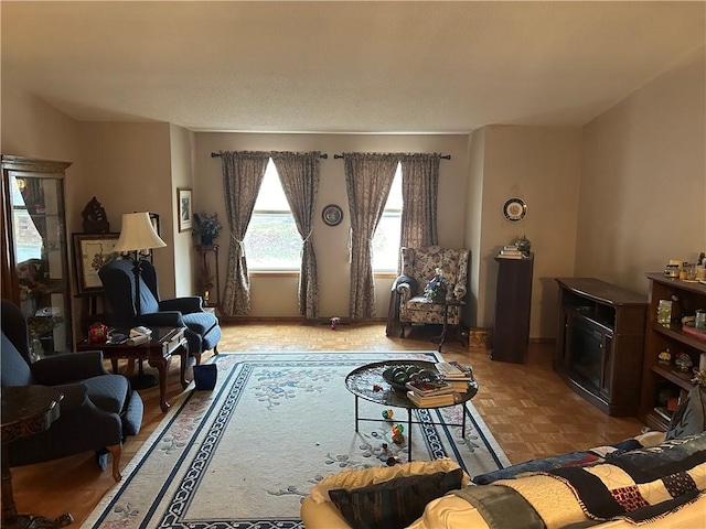 living room featuring light parquet floors