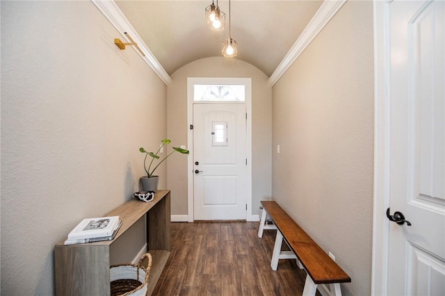 doorway featuring dark hardwood / wood-style flooring, ornamental molding, and vaulted ceiling