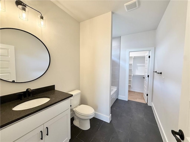 full bathroom with toilet, walk in shower, visible vents, tile patterned floors, and vanity