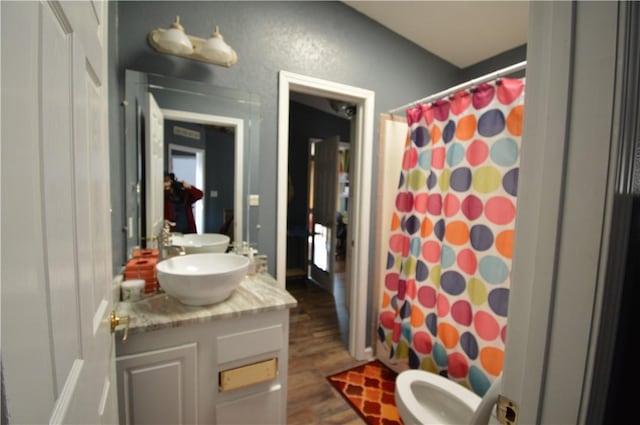 bathroom with a shower with curtain, vanity, and wood-type flooring