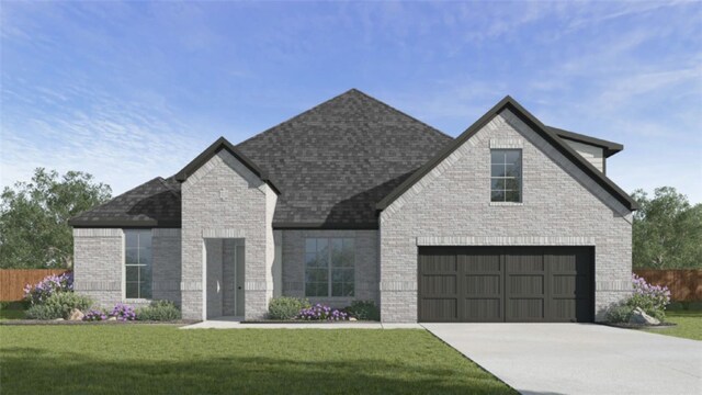 view of front of property with brick siding, roof with shingles, concrete driveway, and a front lawn