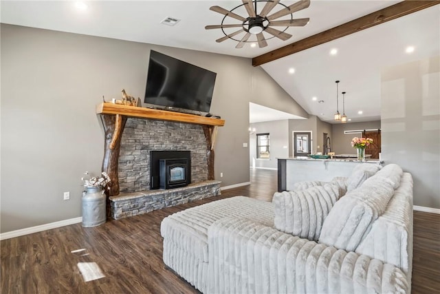 living room featuring dark hardwood / wood-style flooring, lofted ceiling with beams, and ceiling fan