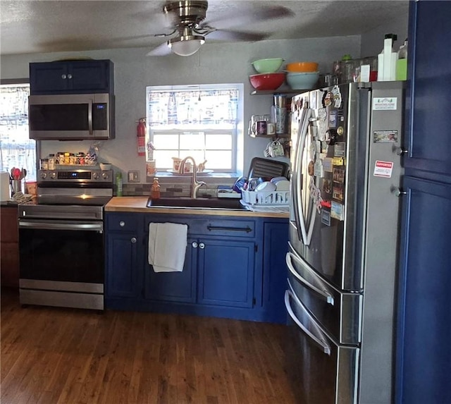 kitchen with blue cabinets, sink, and appliances with stainless steel finishes