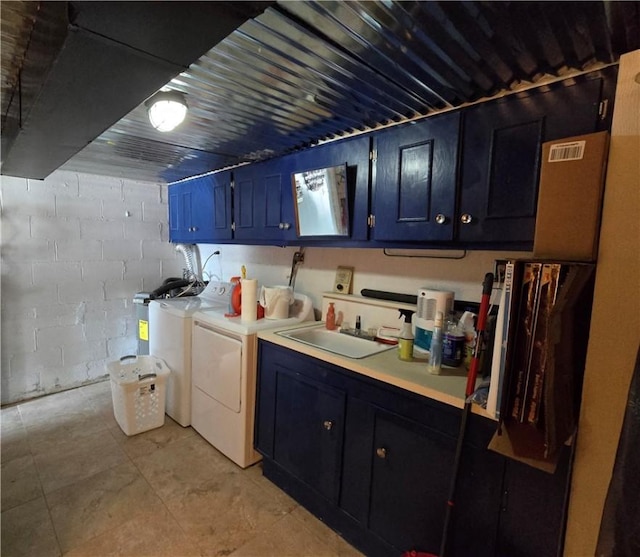 kitchen featuring separate washer and dryer, blue cabinets, and sink