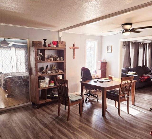 dining area featuring ceiling fan, dark hardwood / wood-style flooring, crown molding, and a textured ceiling