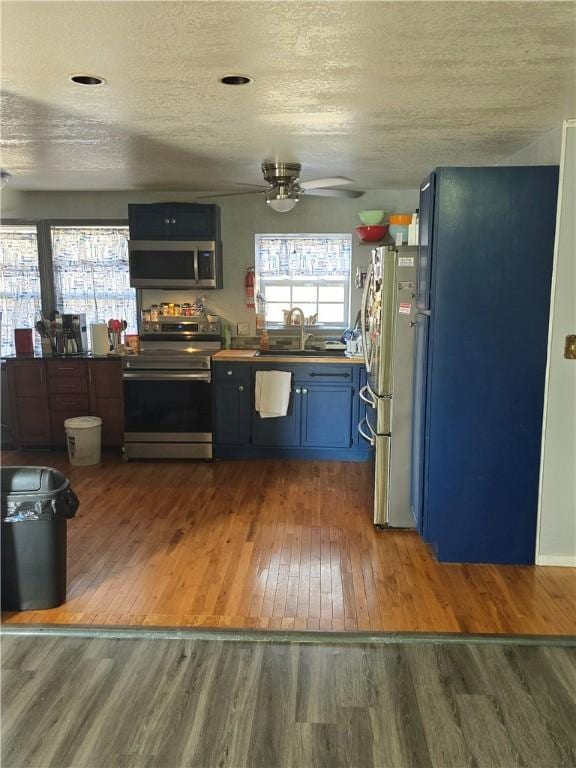 kitchen featuring appliances with stainless steel finishes, a textured ceiling, dark hardwood / wood-style floors, and sink