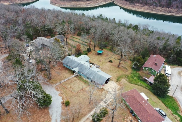 drone / aerial view with a water view