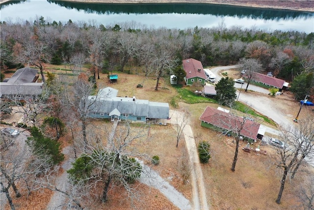 birds eye view of property featuring a water view